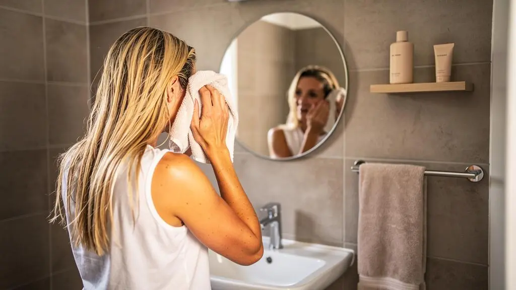 Une femme blonde essore délicatement ses cheveux humides avec une serviette en coton devant son miroir de salle de bain.