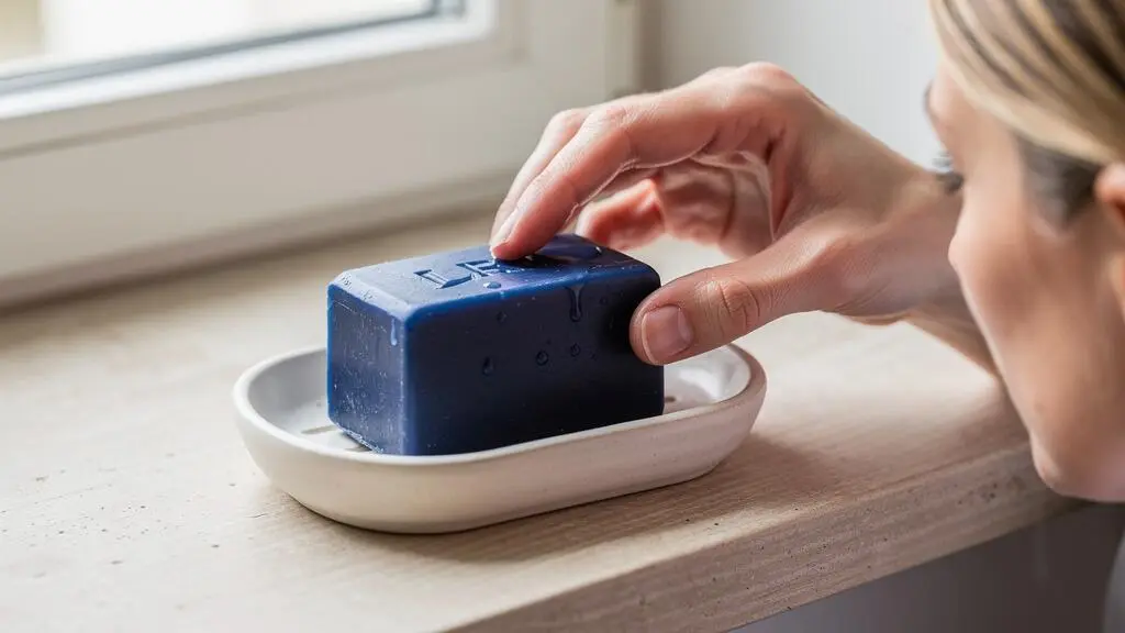 Une main humide attrape un shampoing bleu solide posé dans une coupelle en céramique sur une étagère de salle de bain.